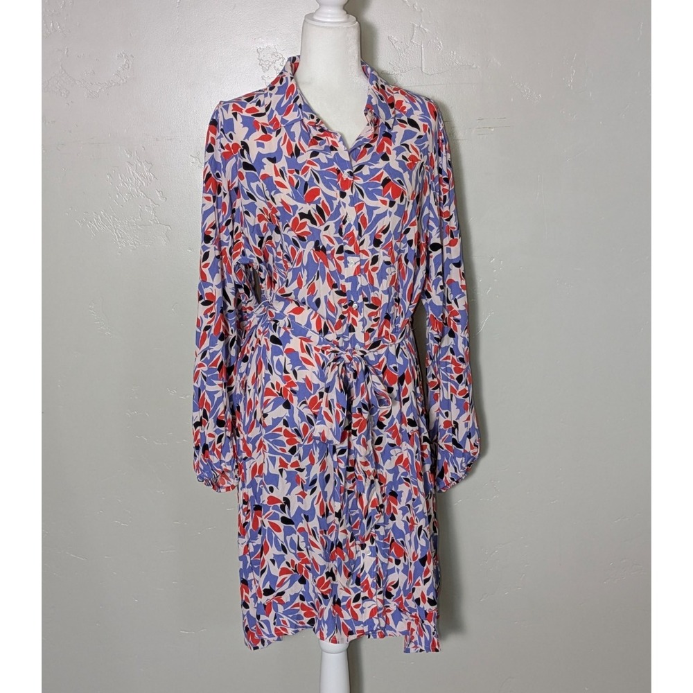 Well Worn Shirt Dress XL Blue Red Abstract Leaf Print Tie Waist Office Bohemian - Picture 7 of 10